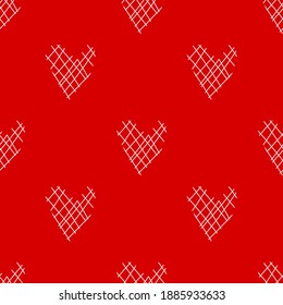 Seamless pattern of white threads in the form of a heart on a red background. Greeting card for Valentine's Day. Template, blank for fabric, wallpaper, wrapping paper, cover. Flat vector illustration.
