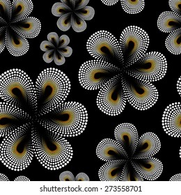 Seamless pattern with white tiare flower. Dots, doted pattern. Monoi flower. Black background.
