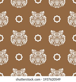 Seamless pattern with white tiger face in Polynesian style. Good for garments, textiles, backgrounds and prints. Vector 