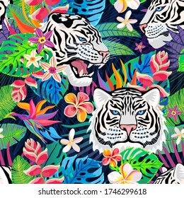 Seamless Pattern. White Tiger Head Roar Wild Cat In Colorful Jungle. Rainforest Tropical Leaves Background Drawing. Fashion Textile, Fabric. Tiger Stripes Hand Drawn Vector Character Art Illustration