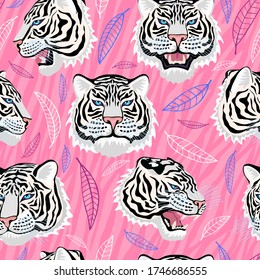 Seamless pattern. White tiger head roar wild cat in colorful jungle. Rainforest tropical leaves background drawing. Fashion textile, fabric. Tiger stripes hand drawn vector character art illustration