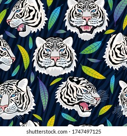 Seamless pattern. White tiger head roar wild cat in colorful jungle. Rainforest tropical leaves background drawing. Fashion textile, fabric. Tiger stripes hand drawn vector character art illustration