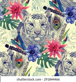 Seamless pattern with white tiger head, flowers, feathers, leaves, Ganesha and elephant sketches. Watercolor. Vintage style.  Vector.