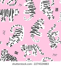 Seamless pattern with white tigers. Creative animals pink texture for fabric, wrapping, textile, wallpaper, apparel. Vector illustration