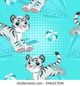 Seamless Pattern With White Tigers Playing Football On Turquoise Background. Vector Illustration For Party, Print, Baby Shower, Wallpaper, Design, Decor, Linen, Dishes And Kids Apparel,packaging Paper