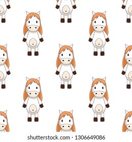seamless pattern of white toy horse with brown mane on white background chequerwise
