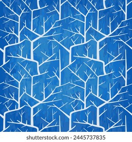 Seamless pattern of white tree branches without leaves on a blue watercolor background