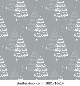 Seamless pattern with white trees on grey background. Vector illustration. Christmas print.