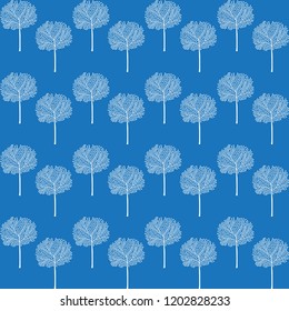 Seamless pattern with white tress and blue background