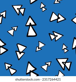 Seamless pattern of white triangles with arrows on a blue background. Pattern for fashion, leather case, shirt, wrapping paper.