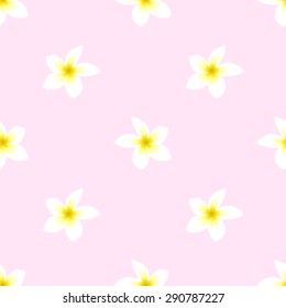 Seamless pattern with white tropical frangipani flower on a light pink background
