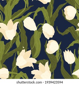 Seamless pattern of white tulip flowers on dark blue background. Vector illustration. Best for wrapping, textile or print design. Symbol of springtime. 