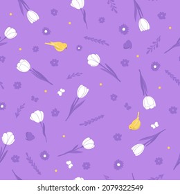 Seamless pattern with white tulips and birds on a purple background.