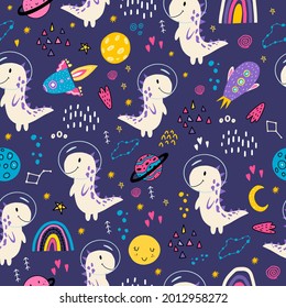 A seamless pattern with a white tyrannosaurus in space. Vector illustration with dinosaurs, planets, spaceships, rainbow, moon, jupiter, stars. Doodle style. Design of children's clothing, fabrics.