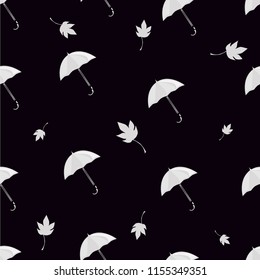 Seamless pattern of white umbrellas and leaves on a black background
