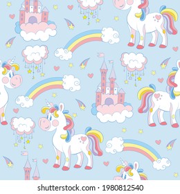 Seamless pattern with white unicorns, castles and rainbows on blue background. Vector illustration for party, print, baby shower, wallpaper, design, decor, linen, dishes, bed linen and kids apparel