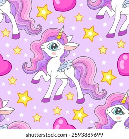 Seamless pattern with white unicorns, hearts and stars on a pink background. For children's fabric design, wallpaper, backgrounds, wrapping paper, scrapbooking, etc. Vector