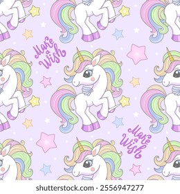 Seamless pattern with white unicorns with magic wand, stars, make a wish inscription on lilac background. For children's fabric design, wallpaper, backgrounds, wrapping paper, prints, posters, etc. Ve