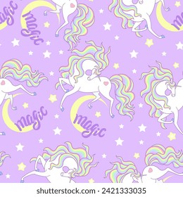 Seamless pattern with white unicorns, moon, stars and the inscription magic on a lilac background. For children's fabric design, wallpaper, backgrounds, wrapping paper, scrapbooking, etc. Vector