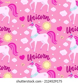 Seamless pattern with white unicorns on a pink background. Fairytale unicorns. Magic animals. Cartoon print. For kids design wallpaper, fabric, wrapping paper and so on. Vector