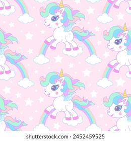 Seamless pattern with white unicorns and rainbows on a pink background. For children's fabric design, wallpaper, backgrounds, wrapping paper, etc. Vector illustration