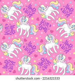 Seamless pattern with white unicorns and slogan Make a wish, on a pink background. For baby fabric design, wallpapers, backgrounds, scrapbooking, wrapping paper and so on. Vector