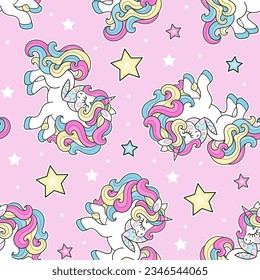 Seamless pattern with white unicorns and stars on a pink background. For children's fabric design, wallpapers, backgrounds, prints. scrapbooking, wrapping paper, etc. Vector