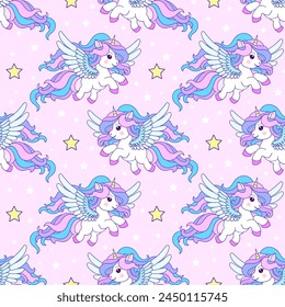 Seamless pattern with white unicorns and stars on a pink background. For children's fabric design, backgrounds, wallpaper, wrapping paper, prints, card posters, etc. Vector