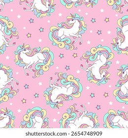 Patrón sin fisuras con unicornios blancos y estrellas sobre fondo rosa. Para el diseño de la tela de los niños, Fondo de pantalla, fondos, impresiones, carteles, tarjetas, papel de embalaje, etc. Vector