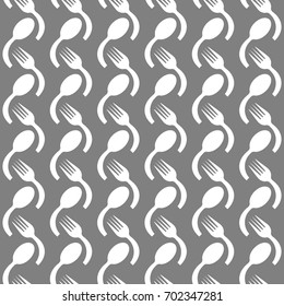 Seamless pattern of white utensil set on grey background. Fork and spoon pattern on gray wallpaper. EPS10 vector illustration for poster, restaurant template, cooking school banner, napkin paper.
