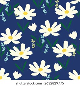 Nahtloses Muster mit weißen Aquarellblumen, grünen Blättern. floraler Hintergrund, Naturdruck. Stoffdesign, Tapete
