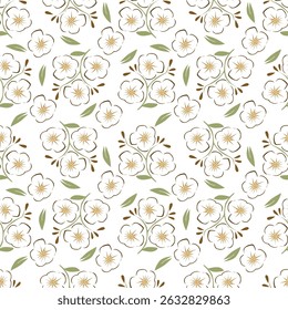 Padrão contínuo com flores de aquarela branca, folhas verdes. Fundo floral, impressão natural. Design de tecido, papel de parede
