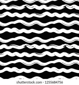 Seamless pattern with white watercolor waves on black background in grunge style