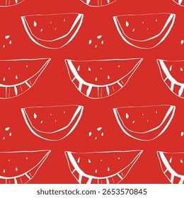 Nahtloses Muster aus weißen Wassermelonen-Doodles, die auf lebhaftem rotem Hintergrund verstreut sind. 3D-Illustration