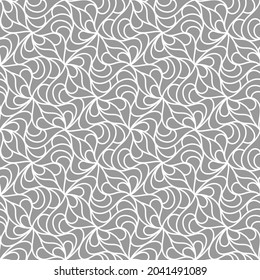 Seamless pattern with white wavy lines, scrolls and stylized leaves on grey background. Monochrome abstract floral design. Decorative lattice. Stylish swatch for textile, fabric and wrapping.