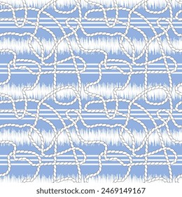 Seamless pattern with white wavy ropes and white horizontal thin and thick stripes on blue background. Marine collection. For prints, textile, wrapping-paper, clothing, cover, home decor. Vector.