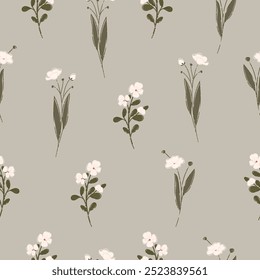 Seamless pattern with white wildflower. Vector botanical floral background. Delicate floral and herb illustration.

