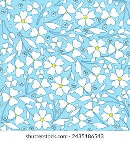 Seamless pattern. White wildflowers, daisies and buds on blue background.For Fabric, Background, Wrapping Paper, Wallpaper.