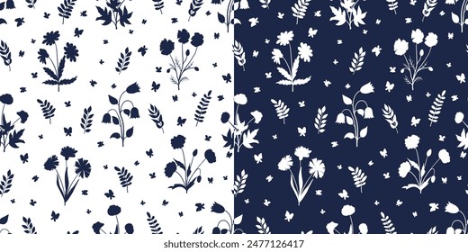 Nahtloses Muster mit weißen Wildblumen Silhouetten auf dunkelblauem Hintergrund. Wiese mit Blumen, Gras und Schmetterlingen. Monochromer Vektorgrafik-Print für florales Sommerdesign von Stoff, Bildschirmhintergrund, Bezug.