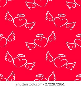 Modelo inconsútil con el corazón alado blanco y el halo en fondo rojo. Diseño romántico del amor para las impresiones textiles, papel de embalaje, Fondos de pantalla, envases y fondos decorativos.