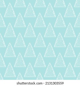 Seamless pattern with a white winter forest of fir trees. Background with snowflakes. Natural flat style design for packaging and print. Vector.