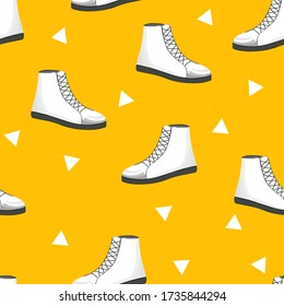 Seamless pattern with white womens shoes on yellow background. Sneakers in flat style. Leather boots side view. Flat design. 
Youth modern model. Casual style. Vector illustration.