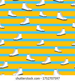 Seamless pattern with white womens shoes on blue and yellow striped background. Sneakers in flat style. Leather boots side view. Flat design. 
Youth modern model. Casual style. Vector illustration.