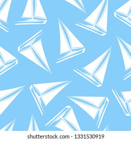 Seamless pattern. White yachts on a blue background. Vector drawing. Texture.