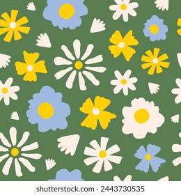 Seamless pattern with white, yellow and blue groovy daisy flowers on a green background. Pastel colors. Vector illustration.