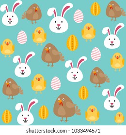 Seamless pattern of white, yellow and brown easter eggs, bunnies and chicks over blue background