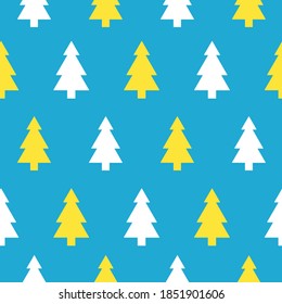 Seamless pattern with white and
yellow Christmas tree, on the blue background. Celebratory pattern for decorating gifts, fabrics and clothes for the New Year and Christmas.