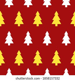 Seamless pattern with white and
yellow Christmas tree, on the red background. Celebratory pattern for decorating gifts, fabrics and clothes for the New Year and Christmas.