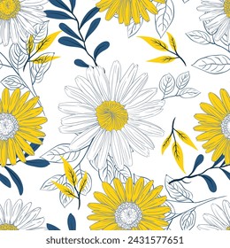 Seamless, pattern white and yellow daisy flowers and leaf with white background for decoration