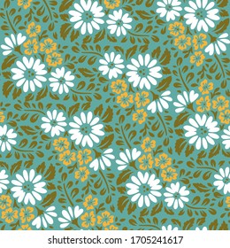 seamless pattern of white and yellow decorative flowers 
on a turquoise background